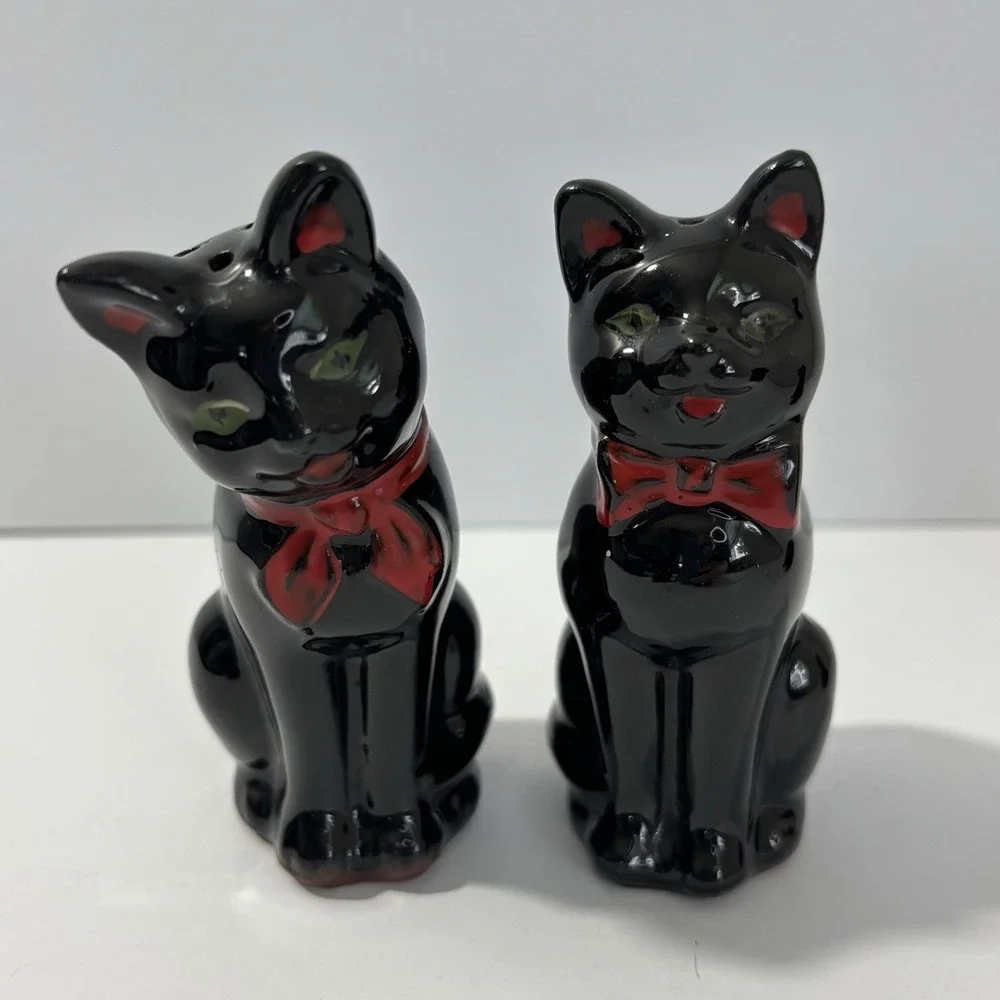 Vintage Shafford Black Cat Salt Pepper Shakers Set Redware Green Eyes Japan